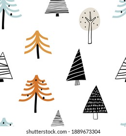 Color de dibujo a mano vectorial patrón simple sin fisuras infantil para niños con lindos doodles al estilo escandinavo sobre un fondo blanco. Bosque de patrones de bebé. Diseño de tela. Fondo de escritorio.