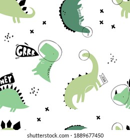 Vector hand-drawn color seamless childish simple pattern for kids with cute dinosaurs astronauts in Scandinavian style. Fabric design. Wallpaper. Space dinosaurs. Lizard. 
