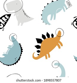 El color de los vectores dibujado a mano sin fisuras estilo infantil simple para los niños con lindos astronautas de dinosaurios y letras en estilo escandinavo. Diseño de tela. Fondo de escritorio. Dinosaurios espaciales. Lizard. 
