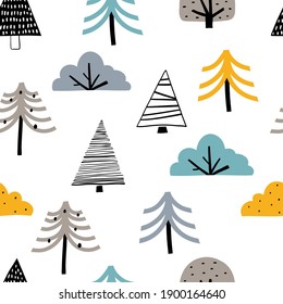 Vector hand-drawn color seamless childish simple pattern for kids with cute doodle trees in Scandinavian style on a white background. Baby pattern forest. Fabric design. Wallpaper.

