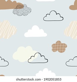 Vector hand-drawn color seamless childish simple pattern for kids with cute clouds in Scandinavian style on a blue background. Baby pattern with clouds. Fabric design. Wallpaper.
