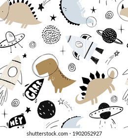 Vector hand-drawn color seamless childish simple pattern for kids with cute dinosaurs astronauts in Scandinavian style. Fabric design. Wallpaper. Space dinosaurs. Lizard. Planet. Spaceship.
