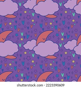 Vector hand-drawn color seamless childish simple pattern for kids with cute moons and clouds. Baby pattern with night sky. Fabric design. Wallpaper. Kids room design. EPS