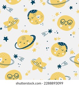 Vector hand-drawn color seamless childish simple pattern for kids with cute planets and moons in Scandinavian style on a blue background. Baby pattern with night sky. Fabric design. Wallpaper.