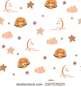 Color de la mano vectorial patrón simple sin fisuras infantil para niños con lindos planetas y lunas al estilo escandinavo sobre un fondo blanco. Patrón de bebé con cielo nocturno. Diseño de tela. Fondo de escritorio