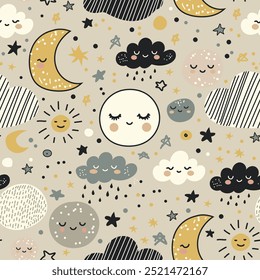 Vector hand-drawn color seamless childish simple pattern for kids with cute moons and clouds in Scandinavian style. Baby pattern with night sky. Fabric design. Wallpaper. Kids room design.