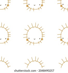 Vector hand-drawn color seamless pattern with cute smiling sun on white background. Cute simple print. Childish repeating texture. Ideal for fabric, wallpaper, textiles, baby clothes, wrapping paper.
