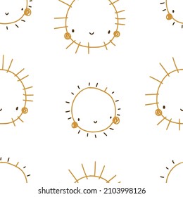 Vector hand-drawn color seamless pattern with cute smiling sun on white background. Cute simple print. Childish repeating texture. Ideal for fabric, wallpaper, textiles, baby clothes, wrapping paper.