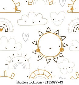 Vector hand-drawn color seamless pattern with cute smiling sun on white background. Cute simple print. Childish repeating texture. Ideal for fabric, wallpaper, textiles, baby clothes, wrapping paper.