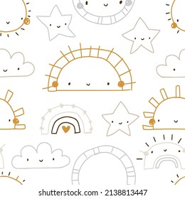 Vector Hand-drawn Color Seamless Pattern With Cute Smiling Sun On White Background. Cute Simple Print. Childish Repeating Texture. Ideal For Fabric, Wallpaper, Textiles, Baby Clothes, Wrapping Paper.