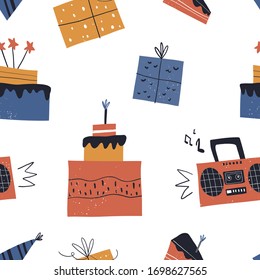 Vector hand-drawn color children’s seamless repeating pattern, print with holiday cake, tape recorder, gifts in Scandinavian style on a white background. Birthday festive seamless pattern. 