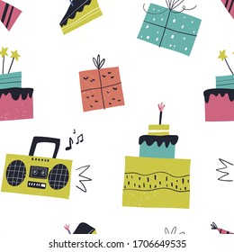 Vector hand-drawn color children’s seamless repeating pattern, print with holiday cake, tape recorder, gifts in Scandinavian style on a white background. Birthday festive seamless pattern. 