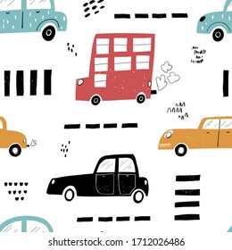 Vector hand-drawn color seamless repeating children simple pattern with cars, buses, Scandinavian style road on a white background. Children's pattern with cars. Cars. Transport. Road.