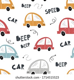 Vector hand-drawn color seamless repeating children simple pattern with cars, arrows and lettering in Scandinavian style road on a white background. Children's pattern with cars. Cars. Transport. Road