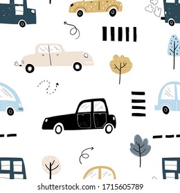 Vector hand-drawn color seamless repeating children simple pattern with cars, arrows and trees in Scandinavian style road on a white background. Children's pattern with cars. Cars. Transport. Road