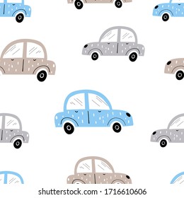 Vector hand-drawn color seamless repeating children simple pattern with cars in Scandinavian style road on a white background. Children's pattern with cars. Cars. Transport. Road
