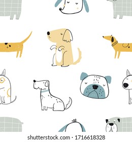 Vector hand-drawn color seamless repeating childish simple pattern with cute dogs in Scandinavian style on a white background. Children's pattern with dogs. Dogs print. Cute baby animals.