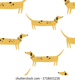 Color vectorial, sin fisuras, repitiendo un sencillo patrón infantil con perros adorables amarillos al estilo escandinavo sobre un fondo blanco. Patrón infantil con perros. Perros impresos. Animales bebés.
