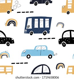 Vector hand-drawn color seamless repeating children simple pattern with cars and rainbows in Scandinavian style road on a white background. Children's pattern with cars. Cars. Transport. Road
