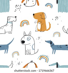 Vector hand-drawn color seamless repeating childish simple pattern with cute dogs and rainbow in Scandinavian style on a white background. Children's pattern with dogs. Dogs print. Cute baby animals.
