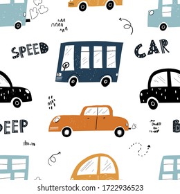 Vector hand-drawn color seamless repeating children simple pattern with cars, buses in Scandinavian style  on a white background. Children's pattern with cars. Cars. Transport. Road. Doodle.
