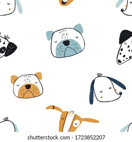 Color vectorial a mano sin fisuras repetir el sencillo patrón infantil con perros lindos al estilo escandinavo sobre un fondo blanco. Patrón infantil con perros. Perros impresos. Animales bebés.
