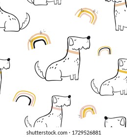 Vector hand-drawn color seamless repeating childish simple pattern with cute dogs and rainbow in Scandinavian style on a white background. Children's pattern with dogs. Dogs print. Cute baby animals.
