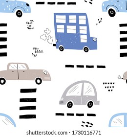 Vector hand-drawn color seamless repeating children simple pattern with cars, buses in Scandinavian style on a white background. Children's pattern with cars. Cars. Transport. Road. Doodle.
