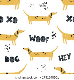 Vector hand-drawn color seamless repeating childish simple pattern with cute yellow dogs in Scandinavian style on a white background. Children's pattern with dogs. Dogs print. Cute baby animals.
