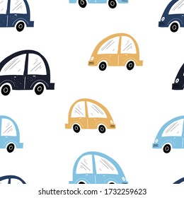 Vector hand-drawn color seamless repeating children simple pattern with cars in Scandinavian style road on a white background. Children's pattern with cars. Cars. Transport. Road
