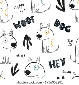 Vector hand-drawn color seamless repeating childish simple pattern with cute dogs in Scandinavian style on a white background.  Pattern for kids with dogs. Dogs print. Cute baby animals.
