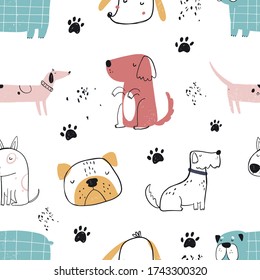 Vector hand-drawn color seamless repeating childish simple pattern with cute dogs in Scandinavian style on a white background. Pattern for kids with dogs. Dogs print. Cute baby animals. Fabric design
