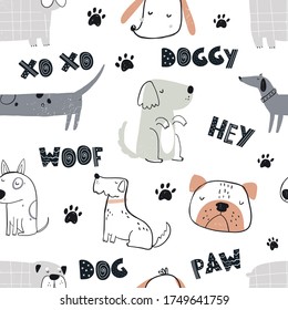 Vector hand-drawn color seamless repeating childish simple pattern with cute dogs in Scandinavian style on a white background. Pattern for kids with dogs. Dogs print. Cute baby animals. Fabric design
