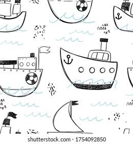 Vector hand-drawn color seamless repeating childish simple pattern with cute ships in Scandinavian style on a white background. Children's pattern with ships. Sea print. Submarine.