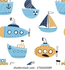 Vector hand-drawn color seamless repeating childish simple pattern with cute ships in Scandinavian style on a white background. Children's pattern with ships. Sea print. Submarine.