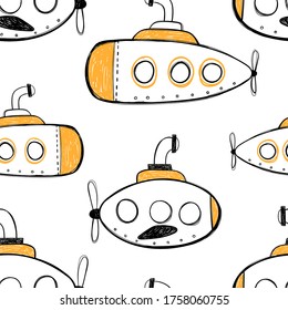 Vector hand-drawn color seamless repeating childish simple pattern with cute submarines in Scandinavian style on a white background. Children's pattern with ships. Sea print. Submarine.