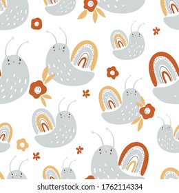 Vector hand-drawn color seamless repeating childish simple pattern with cute snails, flowers and herbs in Scandinavian style on a white background. Children's pattern with snails. Cute baby animals.