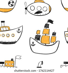 Vector hand-drawn color seamless repeating childish simple pattern with cute ships in Scandinavian style on a white background. Children's pattern with ships. Sea print. Submarine.