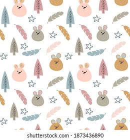 
Color vectorial dibujado a mano sin fisuras repiten un patrón simple infantil con osos lindos al estilo escandinavo sobre un fondo blanco. Sello de oso. Animales pequeños.