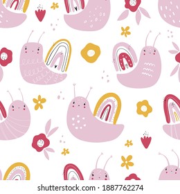 Vector hand-drawn color seamless repeating childish simple pattern with cute snails, flowers and herbs in Scandinavian style on a white background. Children's pattern with snails. Cute baby animals.