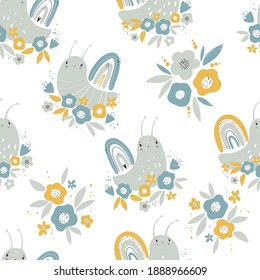 Color vectorial a mano sin fisuras repiten patrón infantil simple con caracoles lindos, flores y hierbas al estilo escandinavo sobre un fondo blanco. Patrón infantil con caracoles. Animales pequeños.