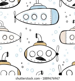 Vector hand-drawn color seamless repeating childish simple pattern with cute submarines in Scandinavian style on a white background. Children's pattern with ships. Sea print. Submarine.