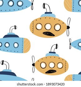 Vector hand-drawn color seamless repeating childish simple pattern with cute submarines in Scandinavian style on a white background. Children's pattern with ships. Sea print. Submarine.