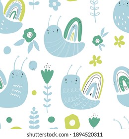 Vector hand-drawn color seamless repeating childish simple pattern with cute snails, flowers and herbs in Scandinavian style on a white background. Children's pattern with snails. Cute baby animals.