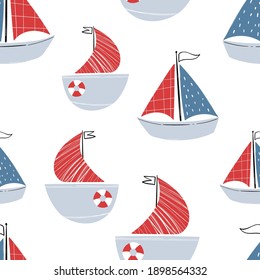 Vector hand-drawn color seamless repeating childish simple pattern with cute ships in Scandinavian style on a white background. Children's pattern with ships. Sea print. Submarine.