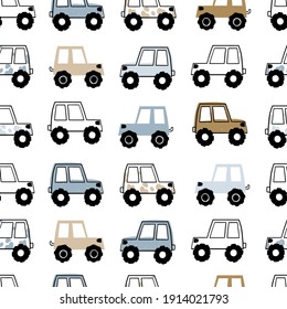 Vector hand-drawn color seamless repeating children simple pattern with cute cars in Scandinavian style on a white background. Children's pattern with cars. Transport. Road