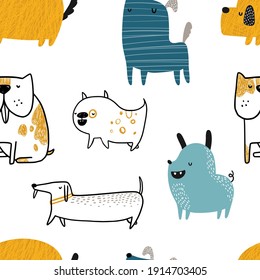 Vector hand-drawn color seamless repeating childish simple pattern with cute dogs in Scandinavian style on a white background. Trendy scandinavian vector background. Dogs print. Cute animals. Pets.