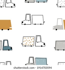 Vector hand-drawn color seamless repeating children simple pattern with cute cars in Scandinavian style on a white background. Children's pattern with cars. Transport. Road