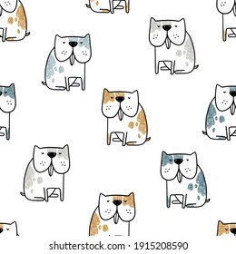 Color vectorial dibujado a mano sin fisuras repetiendo patrón infantil simple con perros lindos al estilo escandinavo sobre un fondo blanco. fondo de vectores escandinavos de moda. Los perros se imprimen. Animales bonitos. Mascotas.