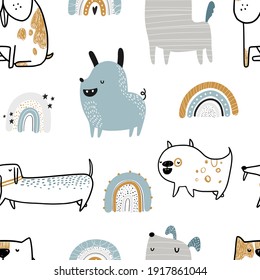 Vector hand-drawn color seamless repeating childish simple pattern with cute dogs and rainbows on a white background. Trendy scandinavian vector background. Dogs print. Cute animals. Pets.